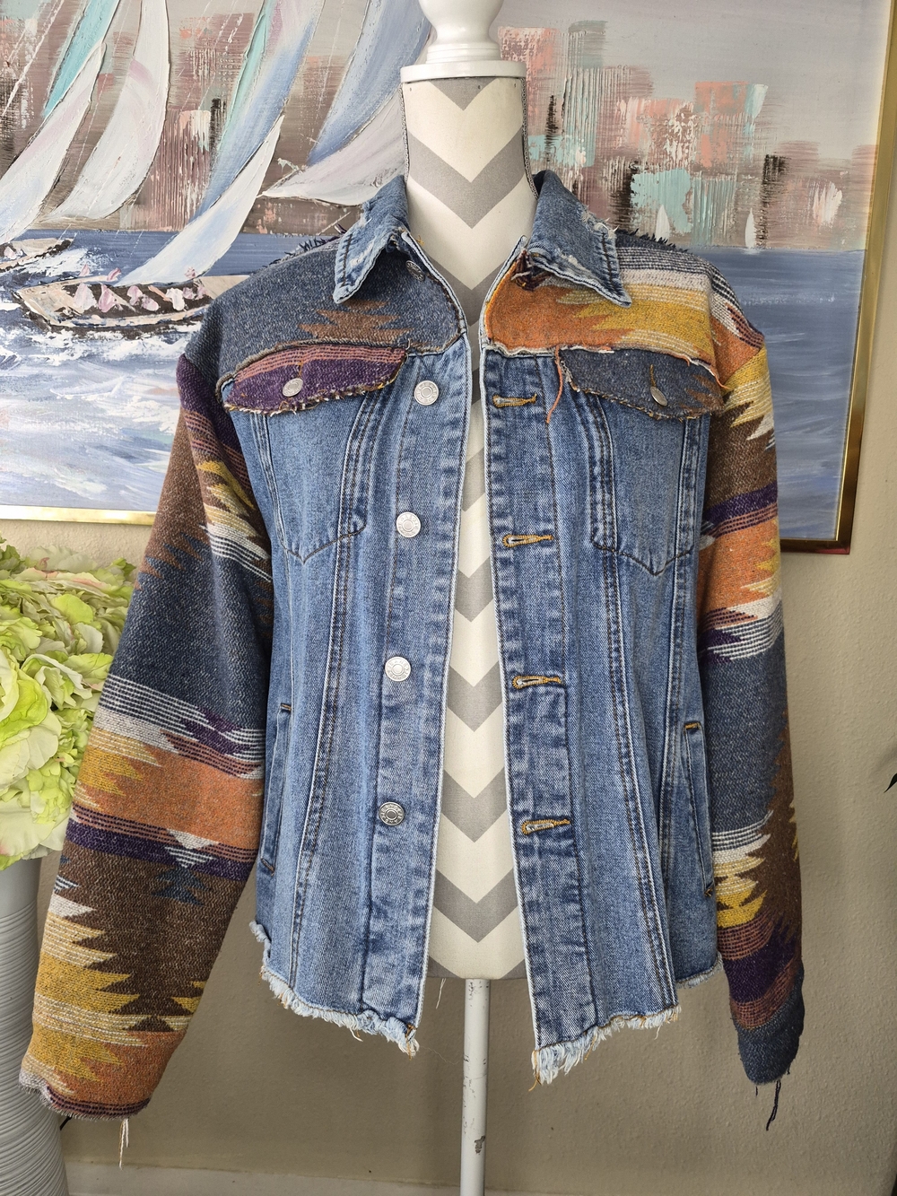 Distressed Denim Jacket with Aztec Knit Sleeves - Multicolor